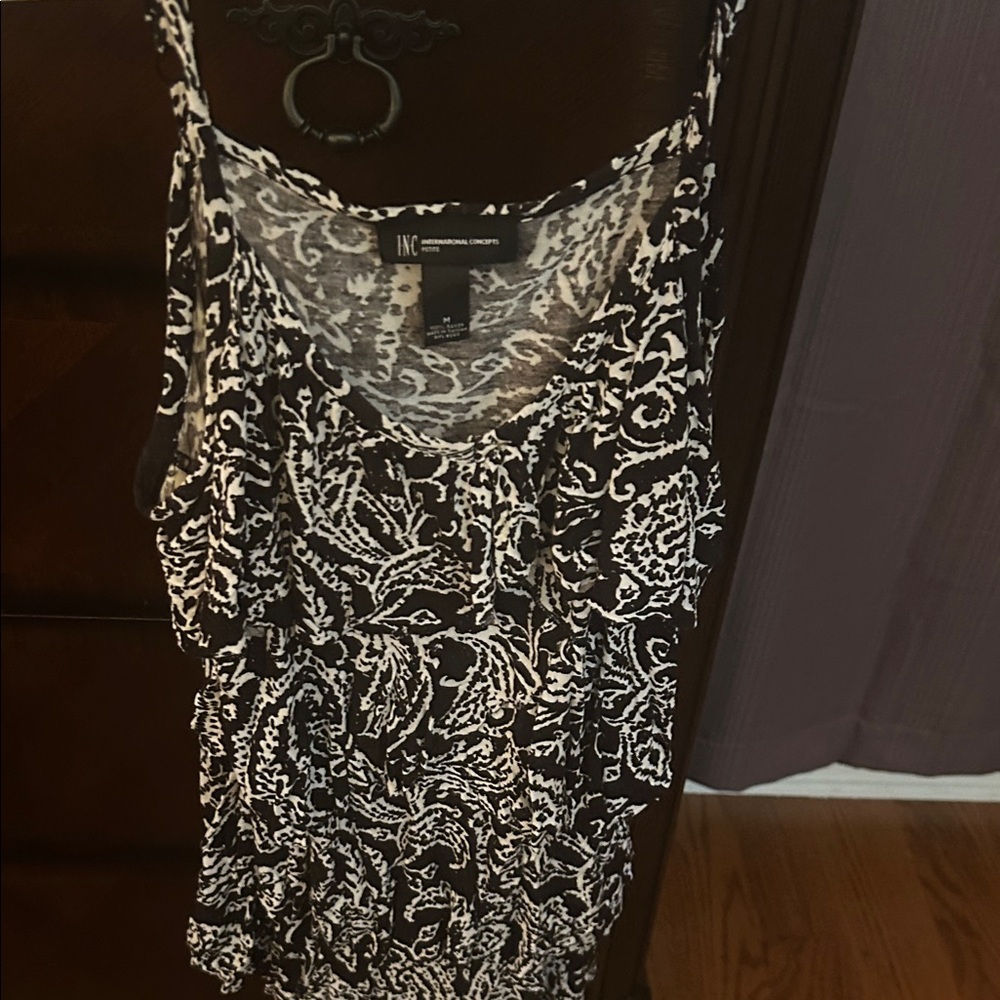 INC International Concepts Patterned Ruffle Camisole black and white